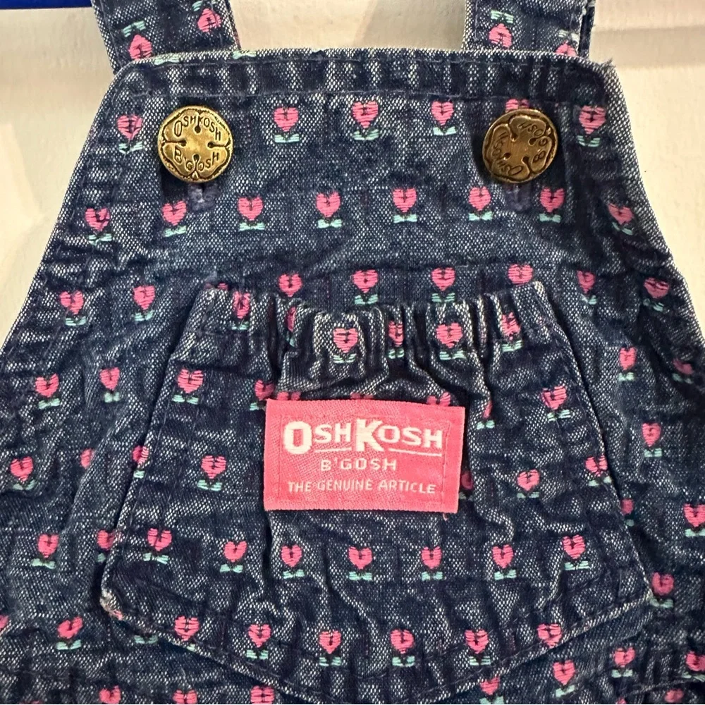 Vintage OshKosh B'gosh Blue Denim Overalls Heart Tulip Pattern size 18 months